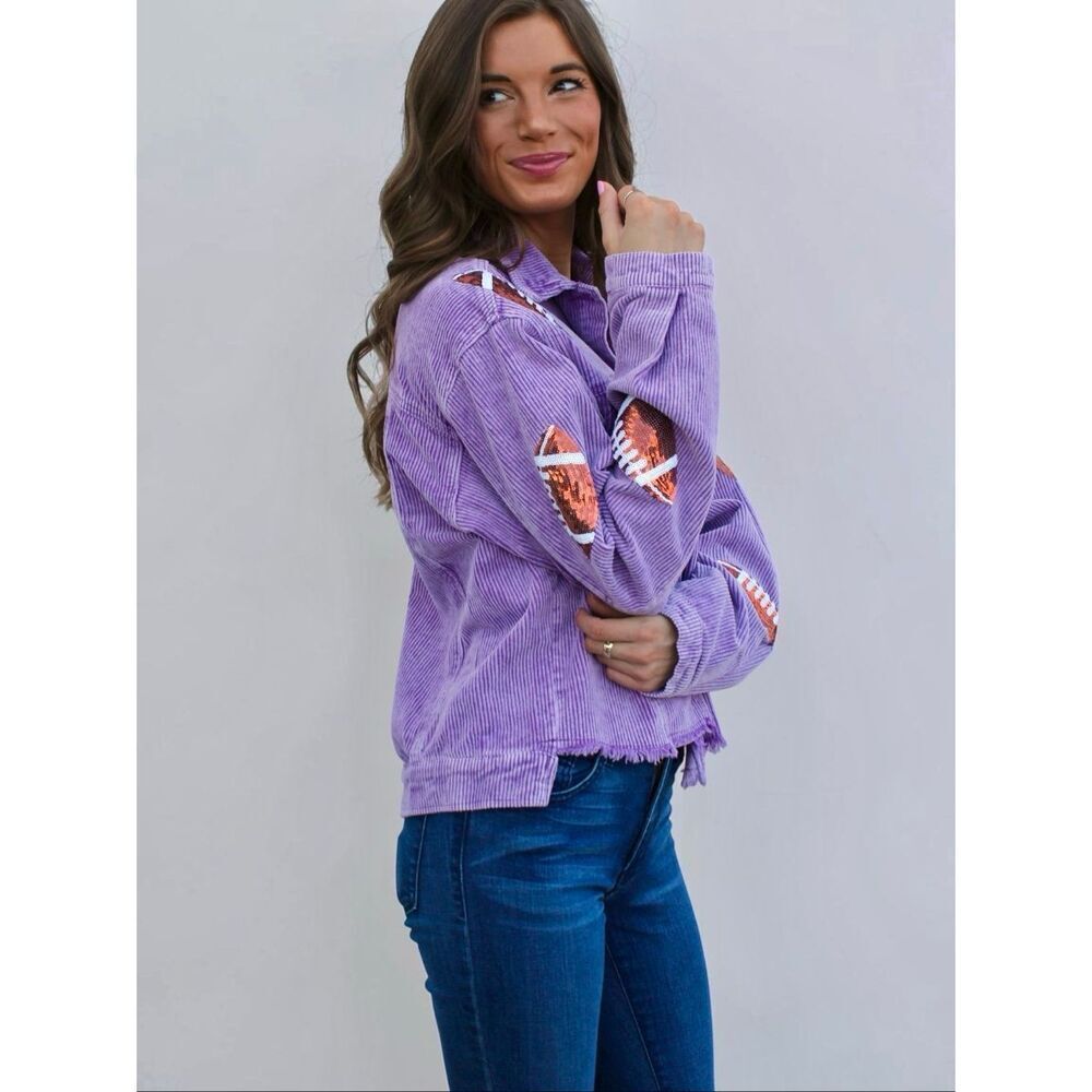 BiBi Purple Football Sequin Corduroy Jacket Gameday Raw Hem Shacket XL NEW - Picture 6 of 10